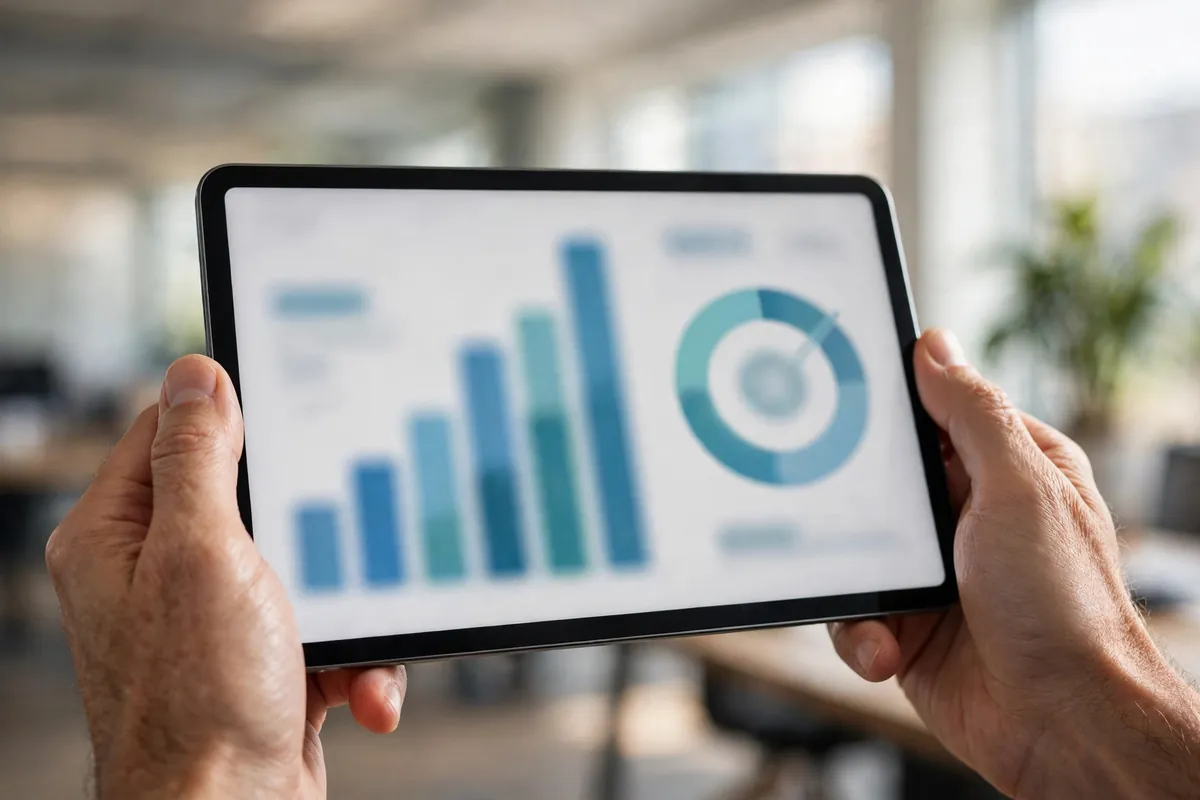 Hands holding a tablet showing bar and donut charts