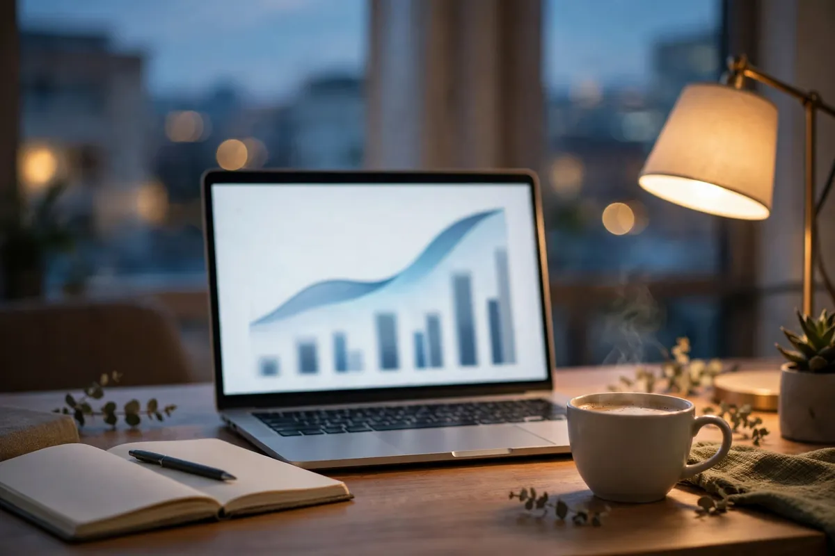 Laptop on an evening desk showing a rising bar chart