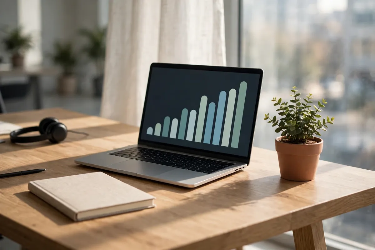 Laptop on a bright office desk showing a rising bar chart